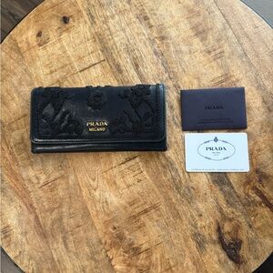 **RARE AND GORGEOUS “Prada Embroidered  Black Leather Wallet